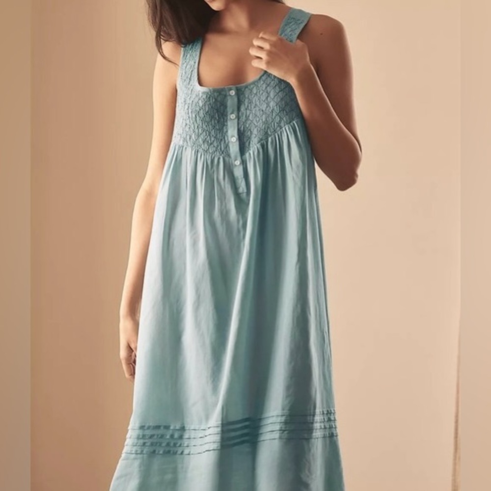 Anthropologie Light Teal Smocked Cotton Nightdress